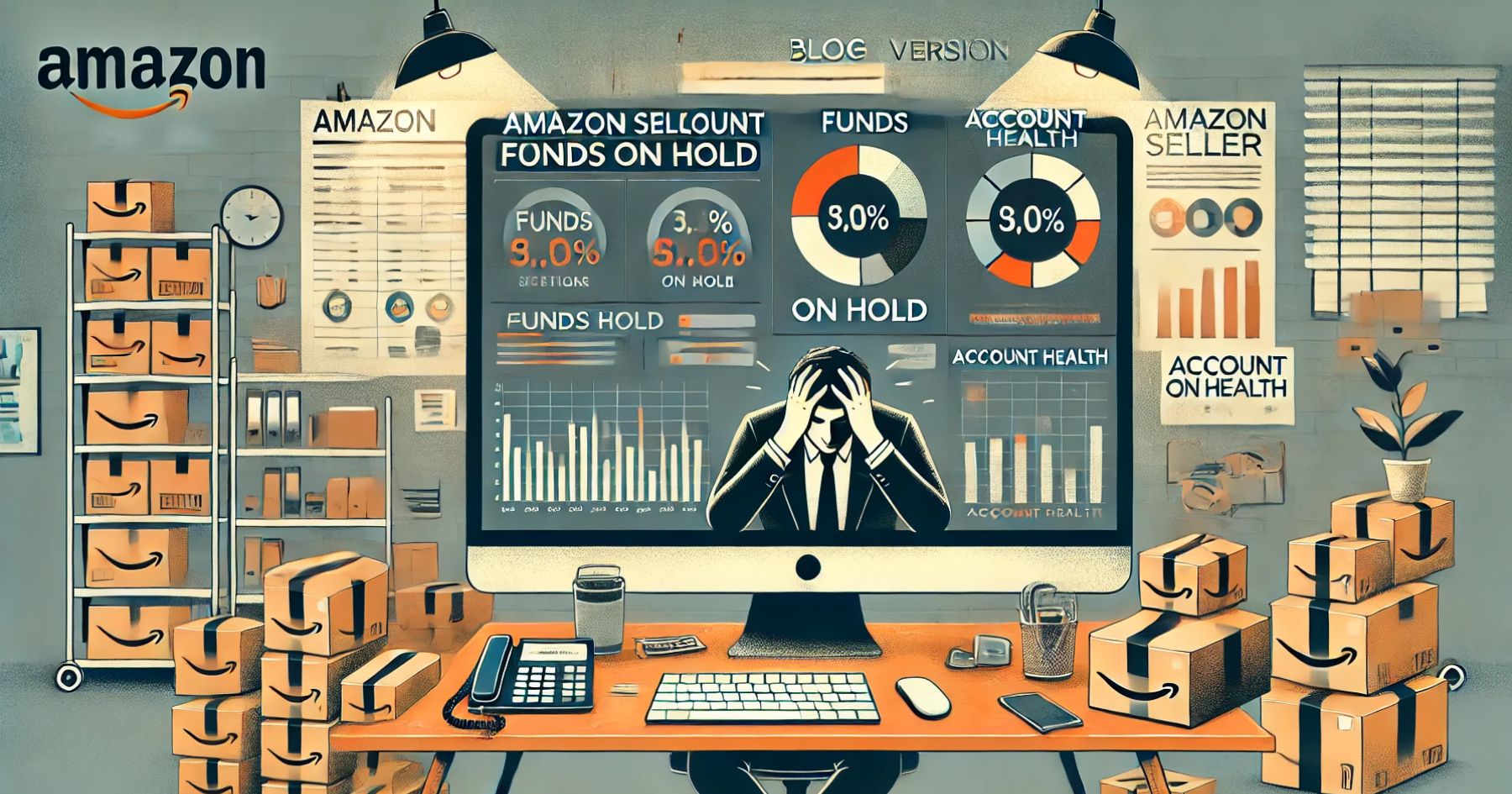 An Amazon seller account dashboard displayed on a computer screen, highlighting 'Funds on Hold' and 'Account Health' metrics in red. In the background, a stressed seller sits at a desk holding their head in their hands, surrounded by shipping packages. The image conveys tension and problem-solving in an office setting, optimized as a wide blog banner with space for text overlay